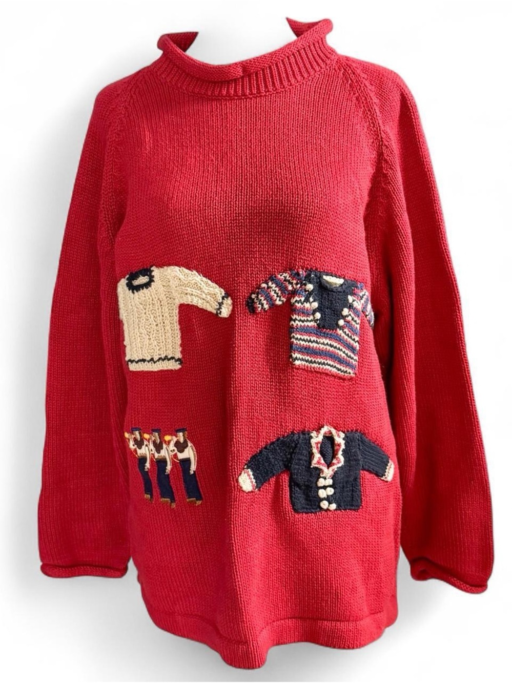 Red Novelty Knit Cowl Neck Sweater with Appliqué Details